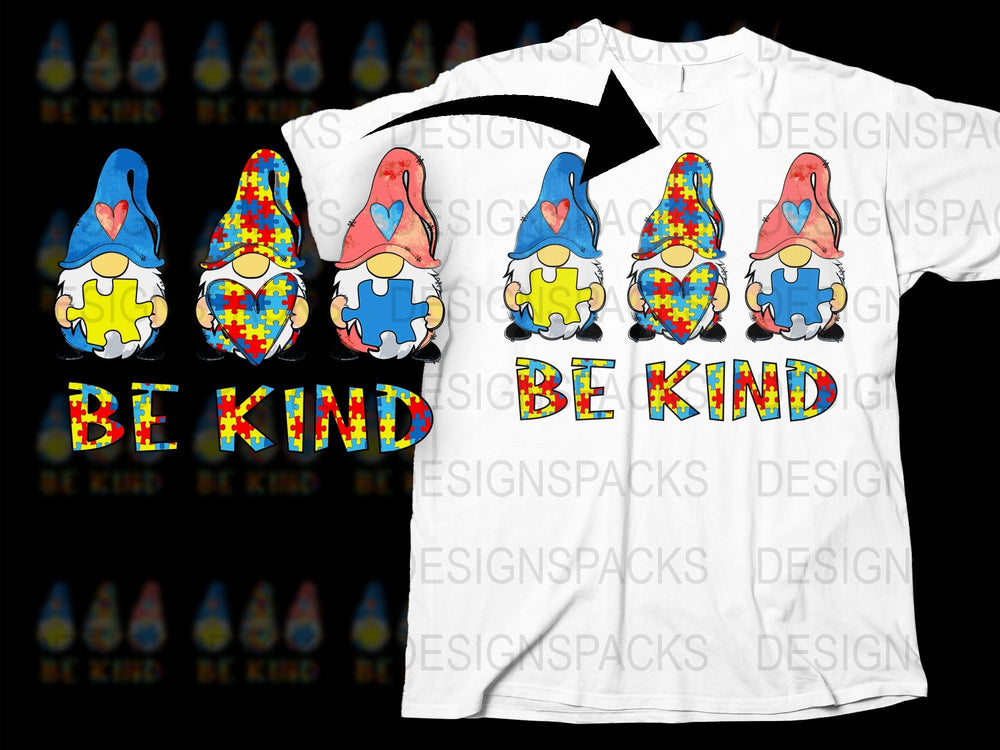 Autism Awareness T-Shirt, Colorful Puzzle Piece Gnomes, Be Kind Quote, Adult Unisex Tee Sizes