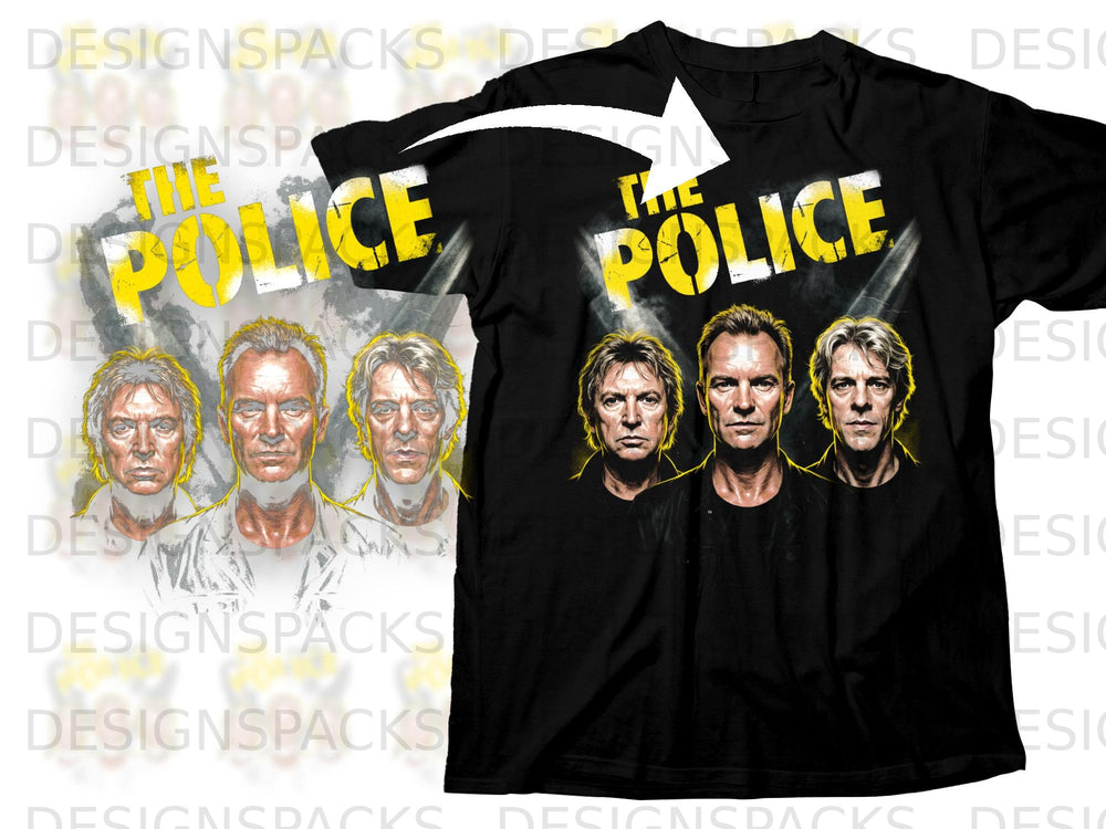 Black t-shirt with "The Police" logo and portraits of the band members.