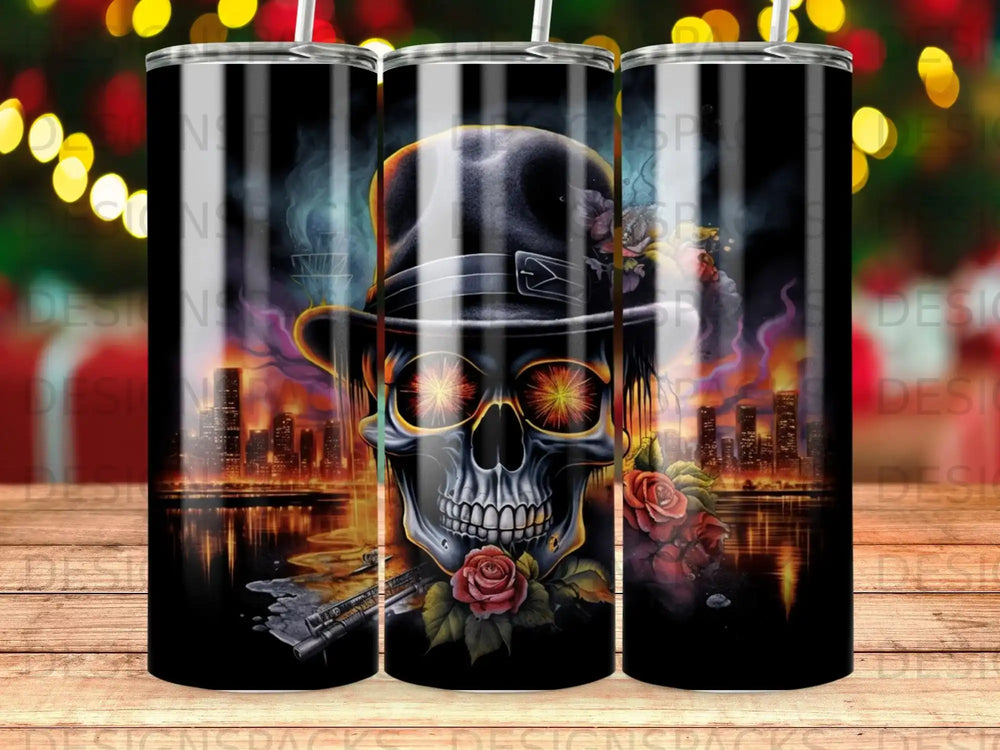 Skull in hat with glowing eyes and roses against a city skyline at night.