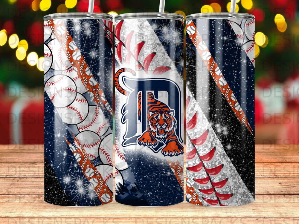 Detroit Tigers baseball tumbler with tiger logo and glitter.