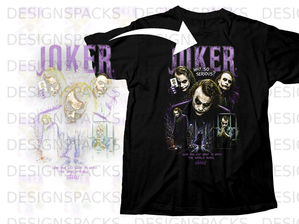 Black t-shirt with Joker graphic and text "WHY SO SERIOUS?".