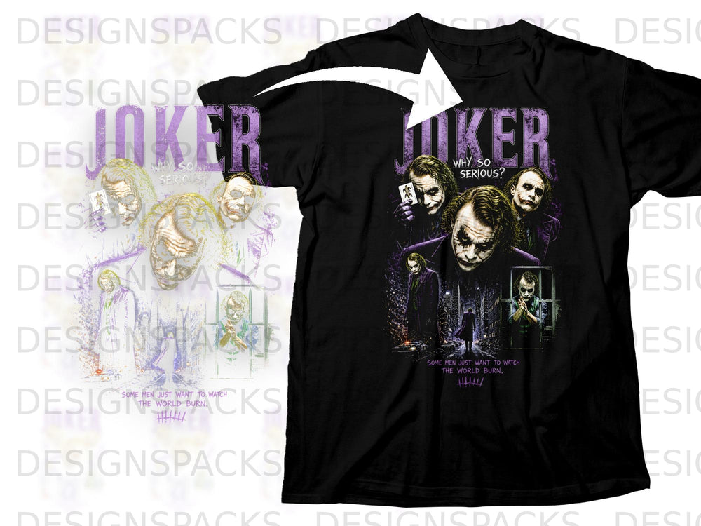 Black t-shirt with Joker graphic and text "WHY SO SERIOUS?".