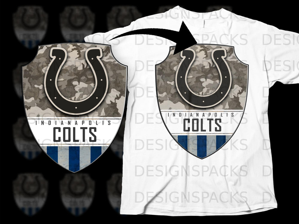 Indianapolis Colts shield logo with camouflage and blue stripes on white t-shirt.