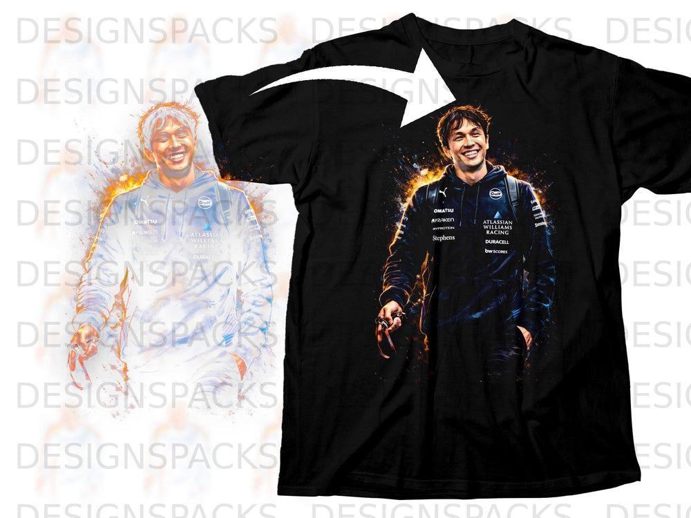 Black t-shirt featuring artwork of a smiling man with team sponsor logos.