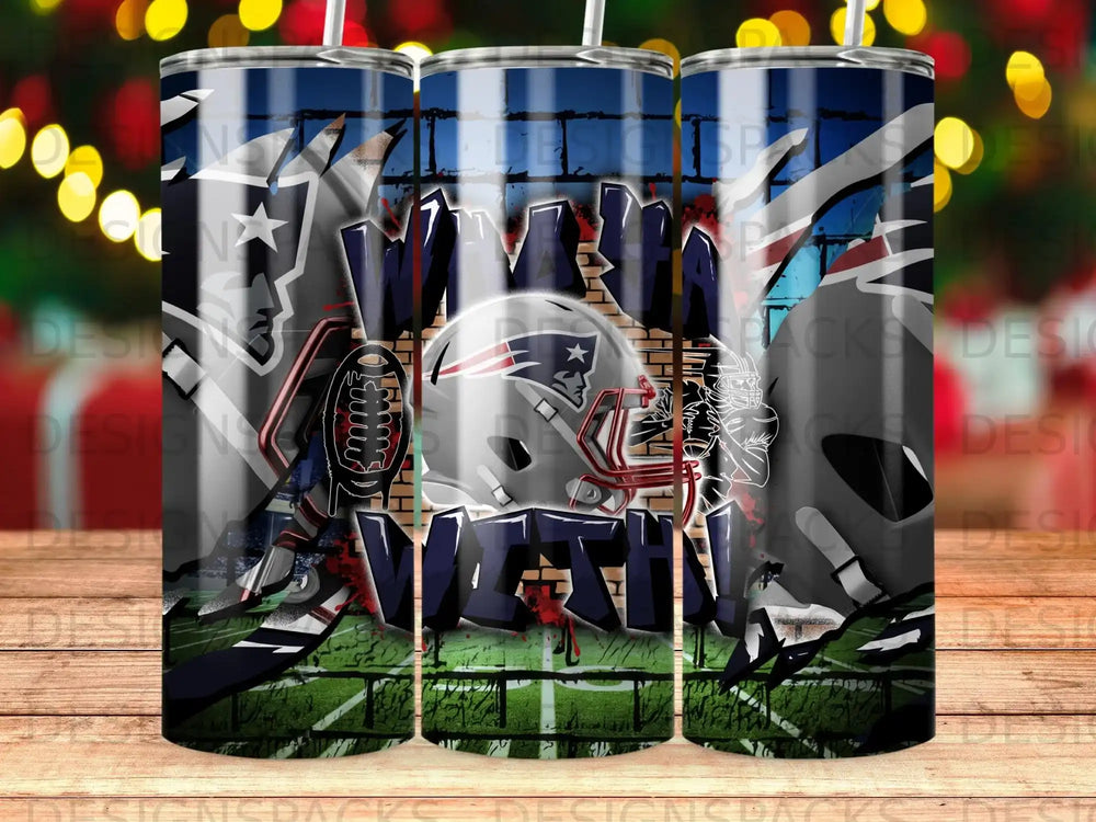New England Patriots helmet and "Win With" text on a stadium background.