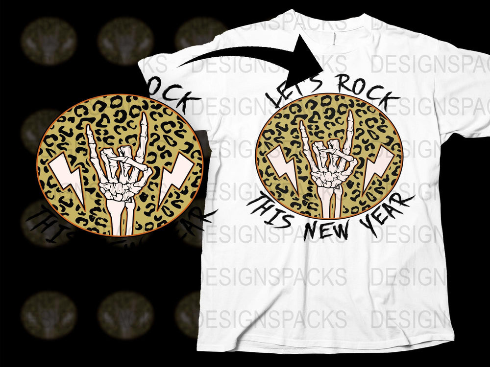 New Year's Rock Hand Gesture T-Shirt, Leopard Print Circle, Unisex Graphic Tee
