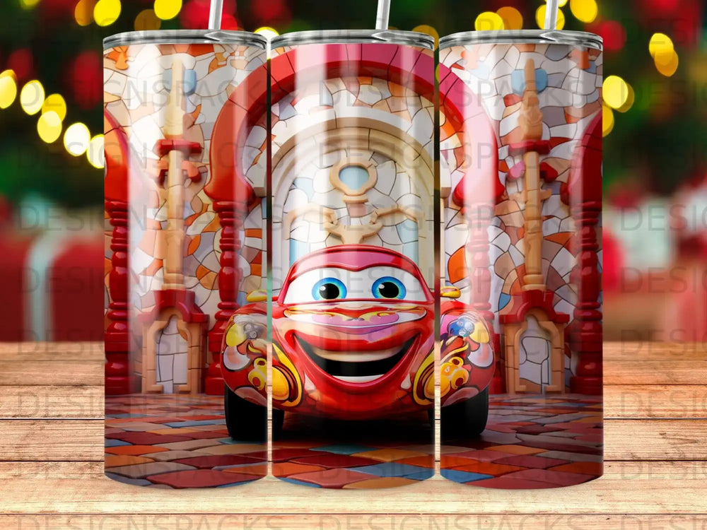 Lightning McQueen character with stained glass background and tile floor.