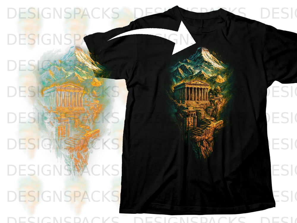 Black t-shirt with ancient Greek temple graphic, mountain backdrop, and textured foreground.