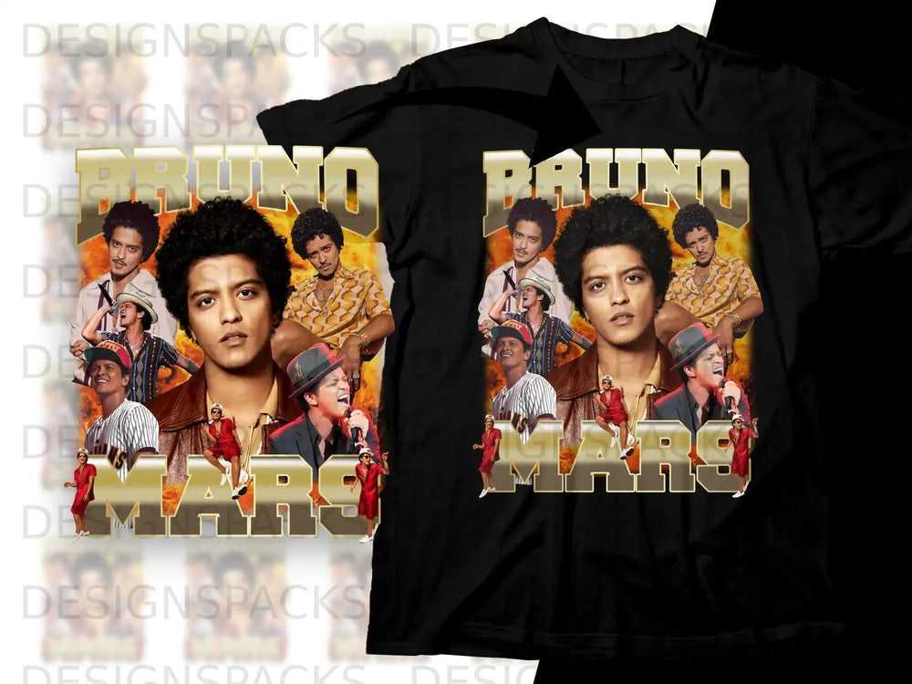 Bruno Mars collage t-shirt with gold lettering.