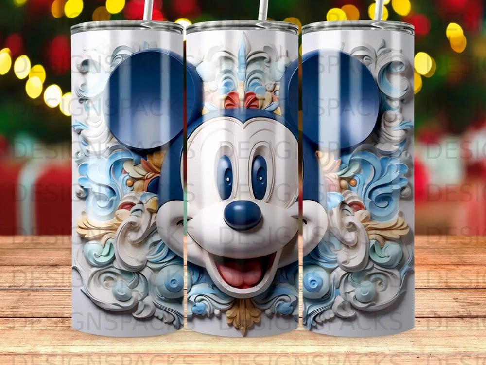 Mickey Mouse face with ornate blue and white embellishments.