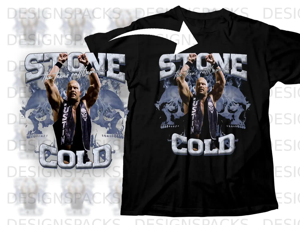 Black t-shirt with Stone Cold Steve Austin and skull graphic, "Stone Cold" text.