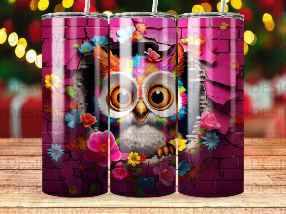 Colorful cartoon owl peeking through a brick wall with flowers.