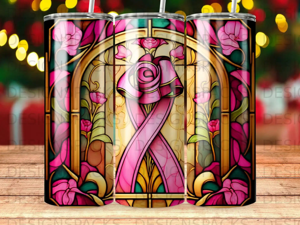 Pink ribbon and floral stained glass pattern on a tumbler.