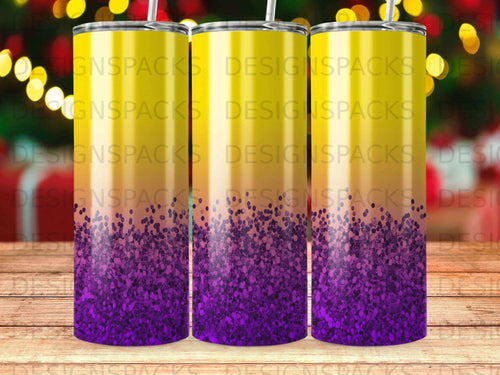 Three tumblers with a purple glitter gradient and a yellow top.