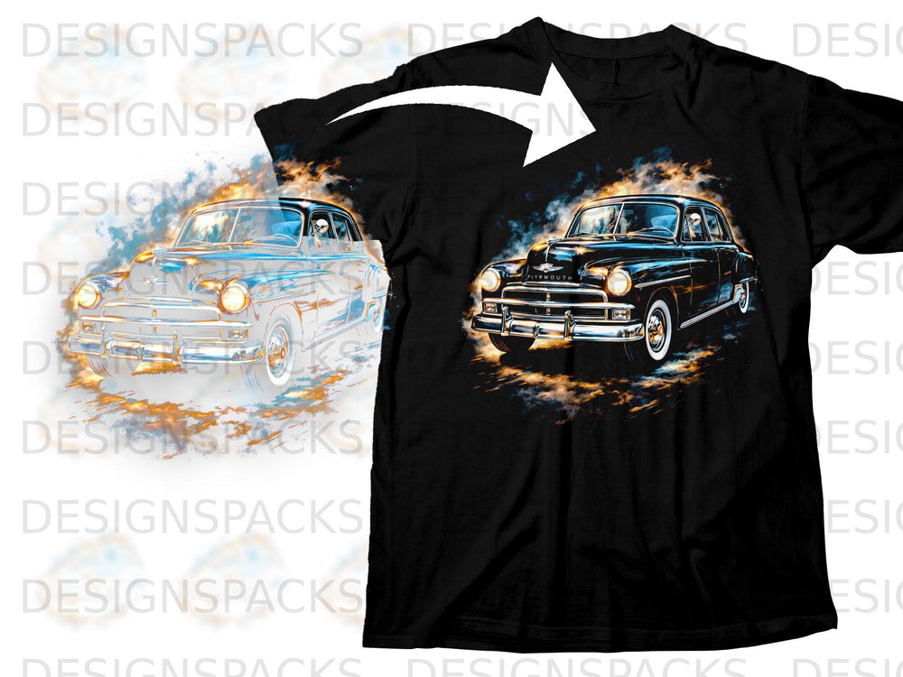 A black t-shirt printed with a vintage Plymouth car graphic in a smoky, fiery artistic style.