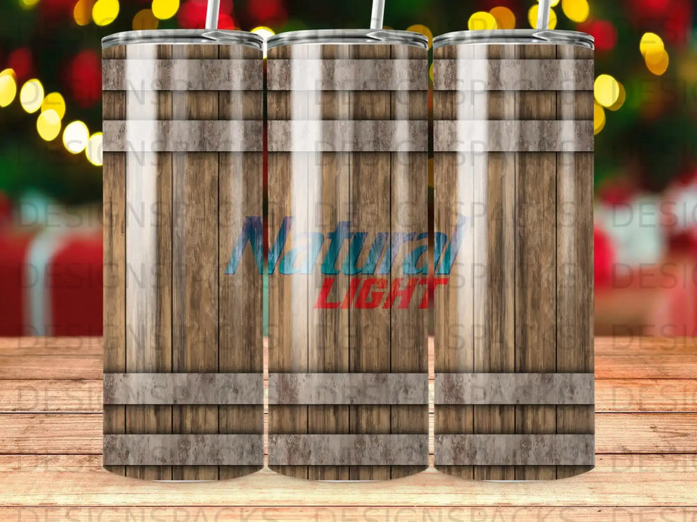 Wood barrel pattern tumbler with "Natural Light" logo.