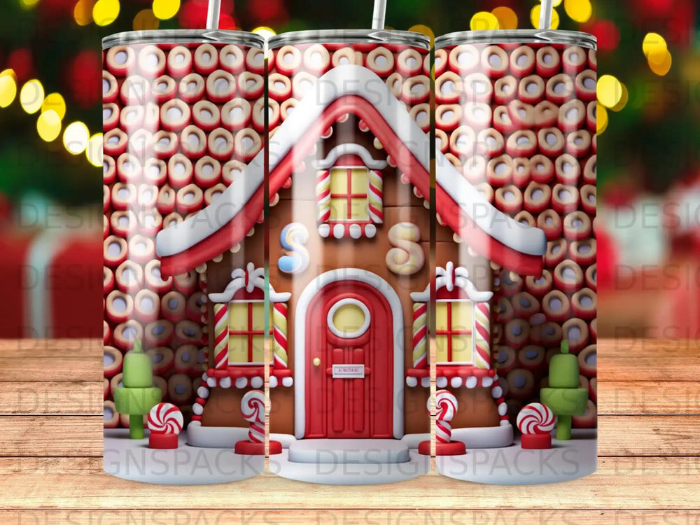 Gingerbread house with candy accents on a tumbler.