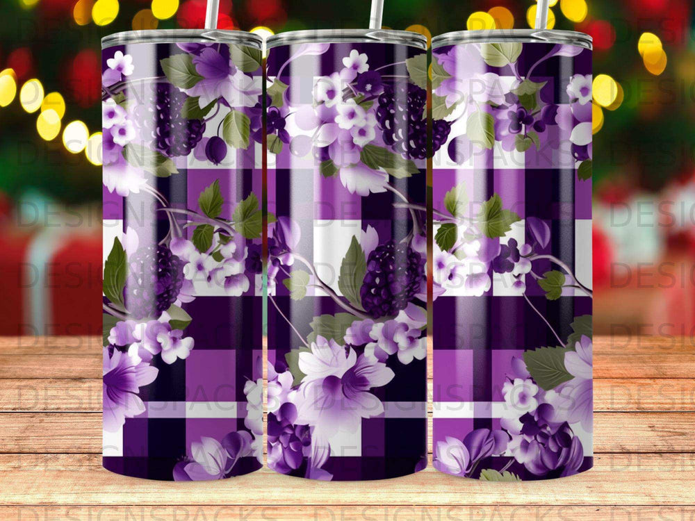 Purple plaid tumbler with white and purple floral and grape vine design.