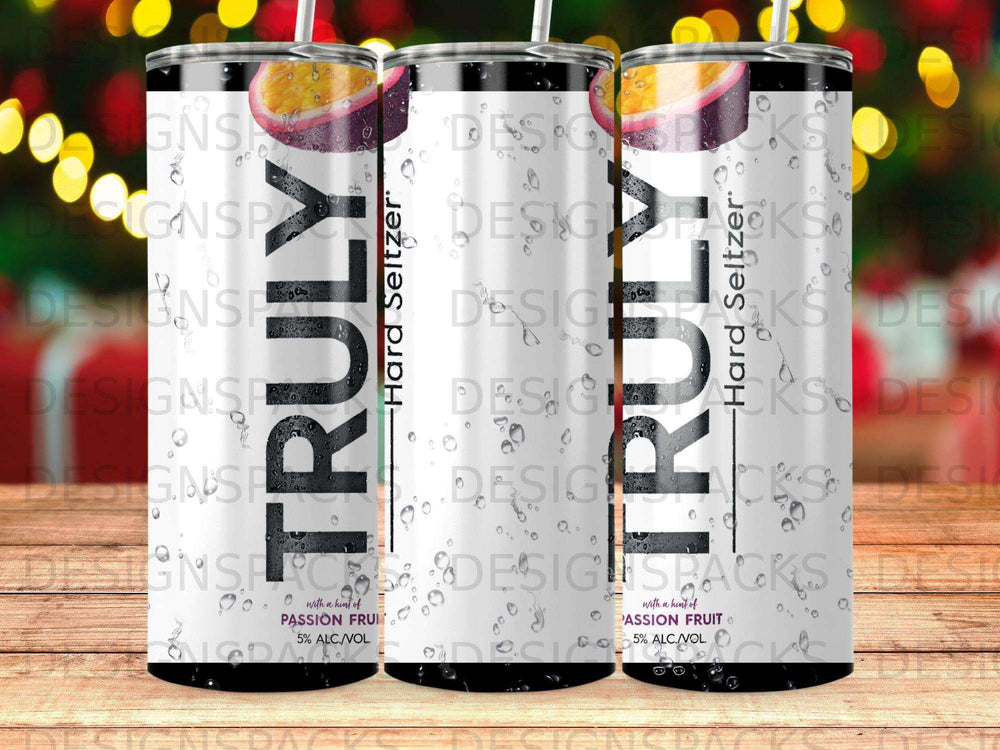 Three Trulys Hard Seltzer Passion Fruit cans with water droplets and a bokeh background.