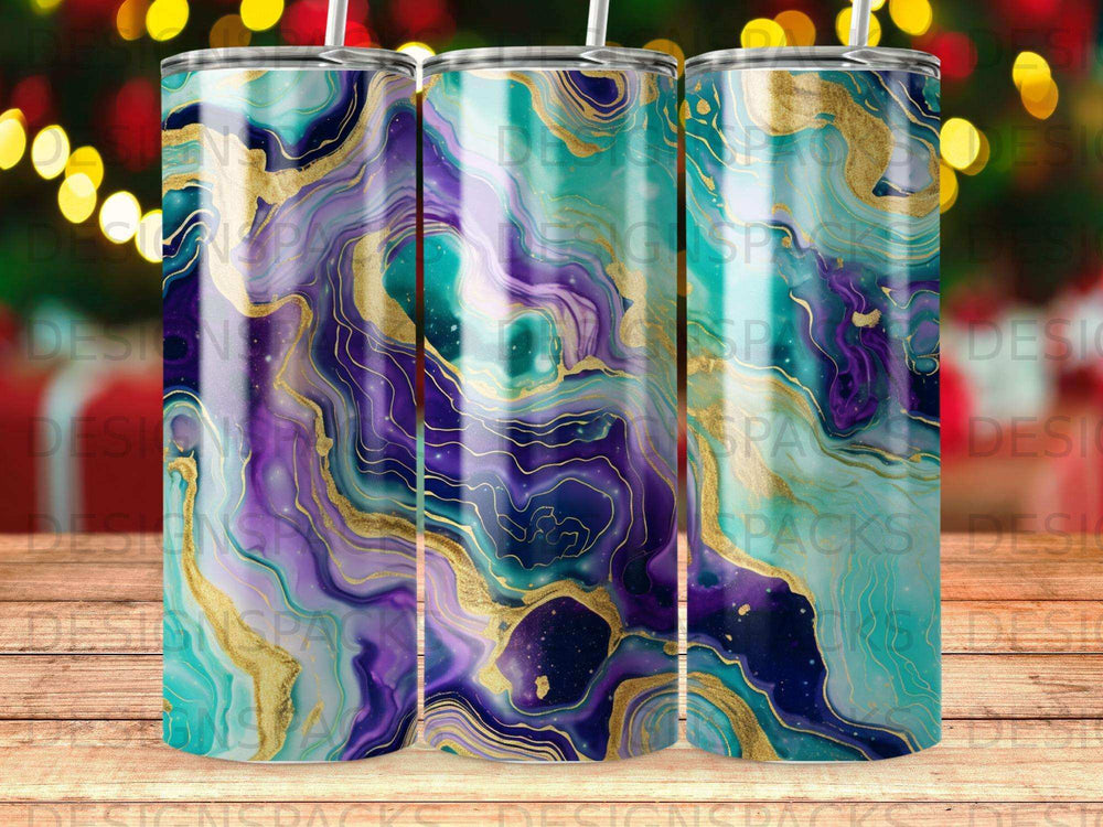 Abstract marbled tumbler with gold veining in shades of blue, purple, and teal.