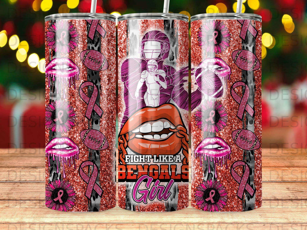 Glitter tumbler with football player, lips, ribbons, and "Fight Like a Bengal Girl" text.