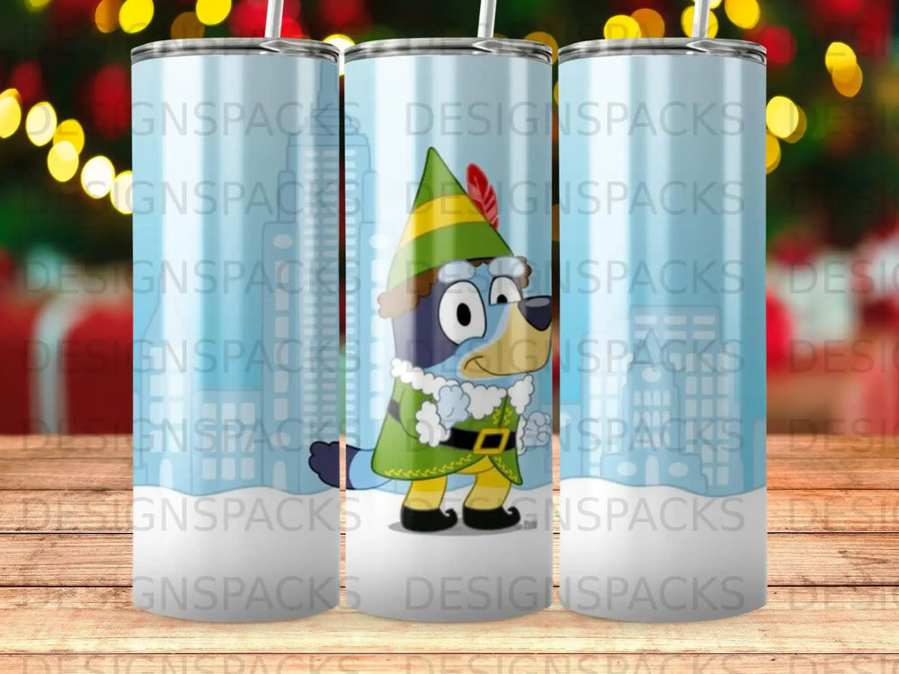 Bluey the cartoon dog character wearing a green elf costume on a tumbler.