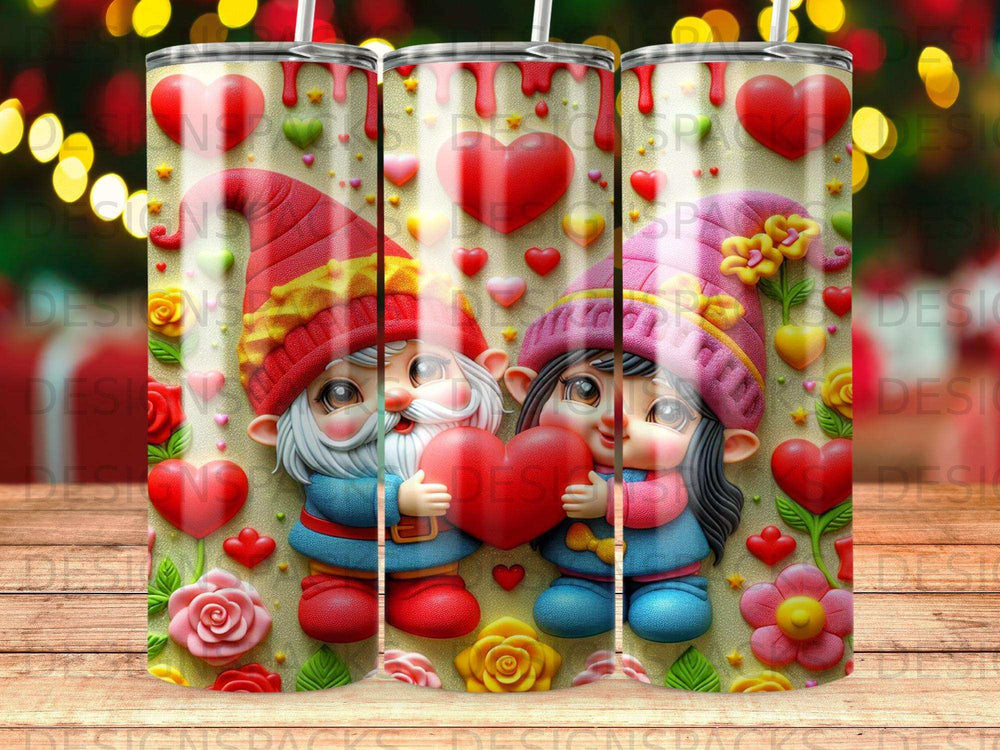 Gnomes holding a heart, surrounded by hearts and flowers.