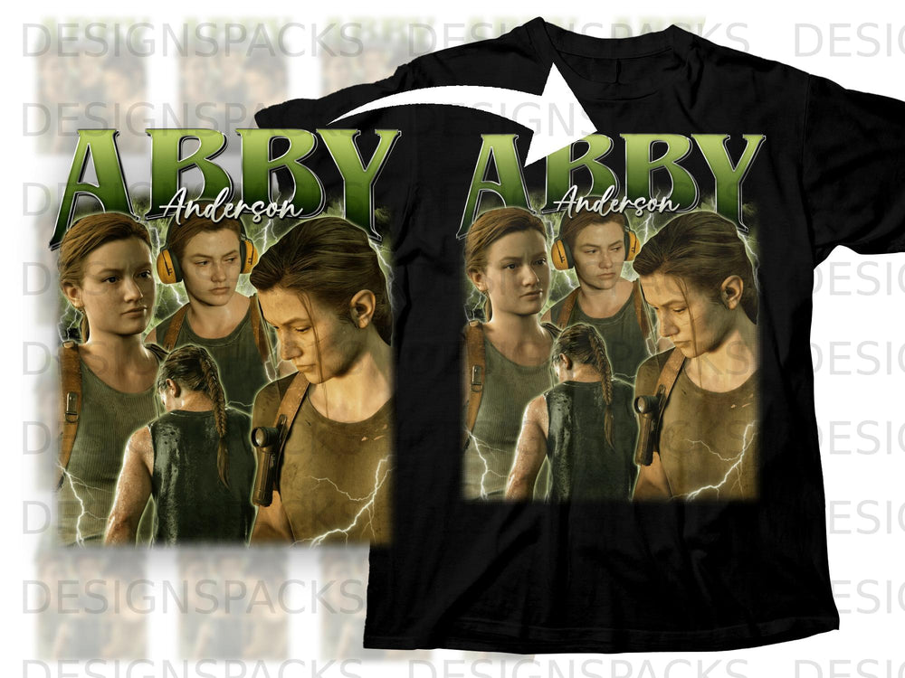 T-shirt with "ABBY Anderson" text and collage of game character images.