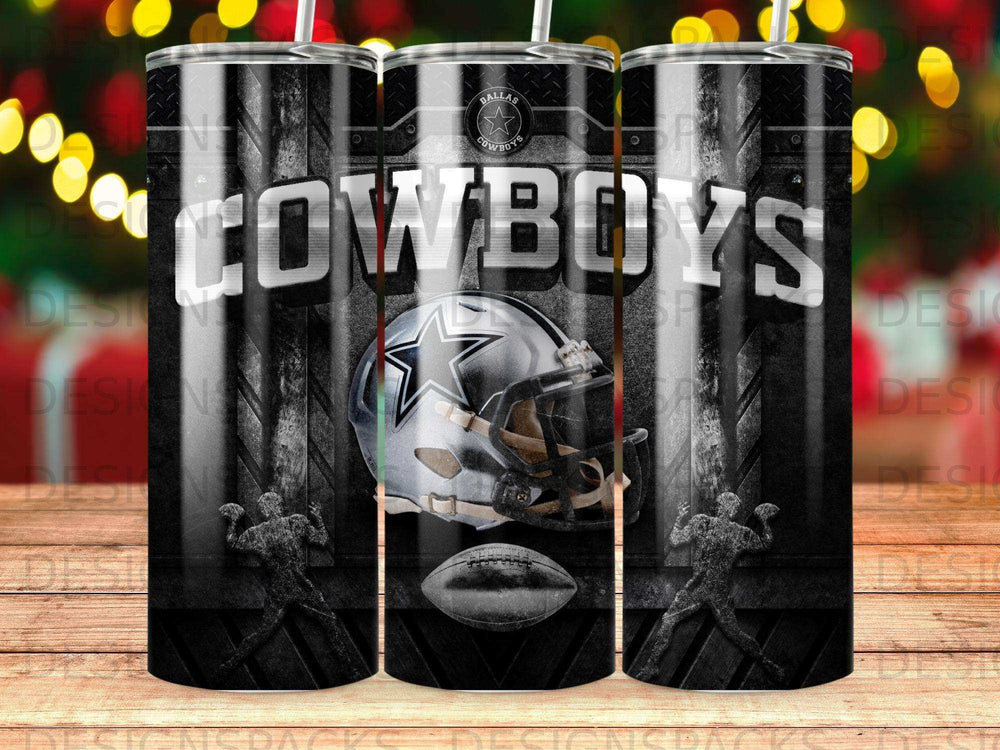 Dallas Cowboys helmet and football on a black and silver tumbler design.