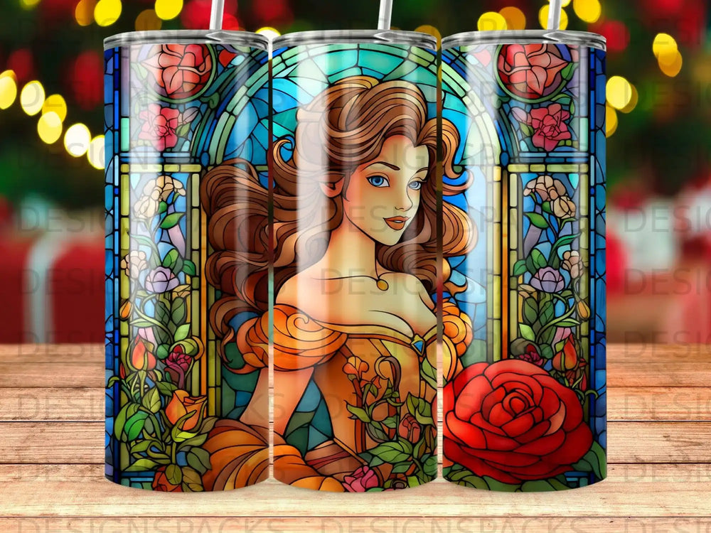 Belle from Beauty and the Beast in a stained-glass window with roses.