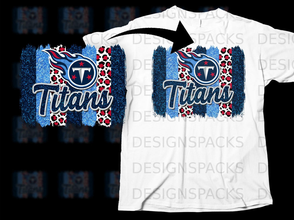 Tennessee Titans logo with cheetah print and glitter stripes on a white t-shirt.