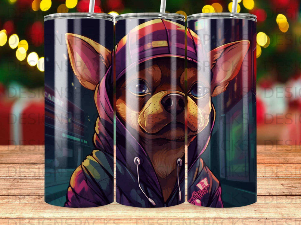 Chihuahua wearing a hoodie and hat, looking forward, with blurred festive lights background.