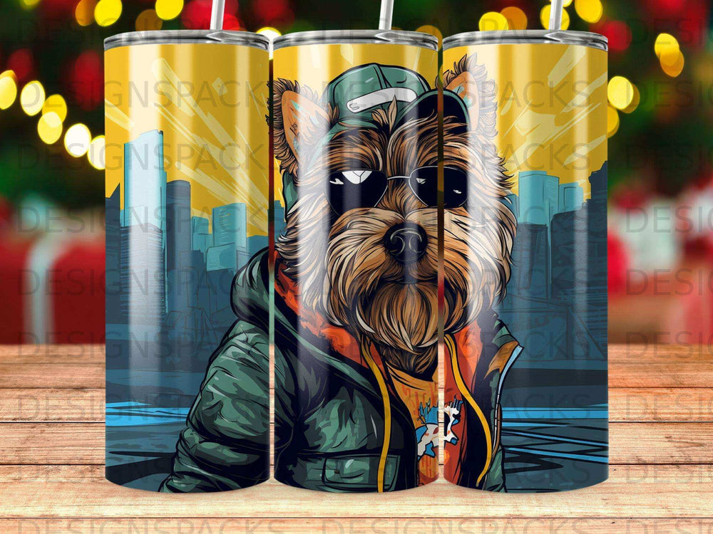 Yorkshire terrier wearing sunglasses and a baseball cap, cartoon city background.