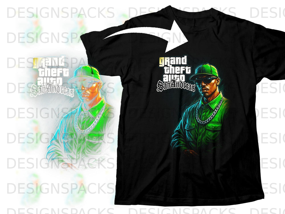 Black t-shirt with Grand Theft Auto San Andreas logo and character graphic.