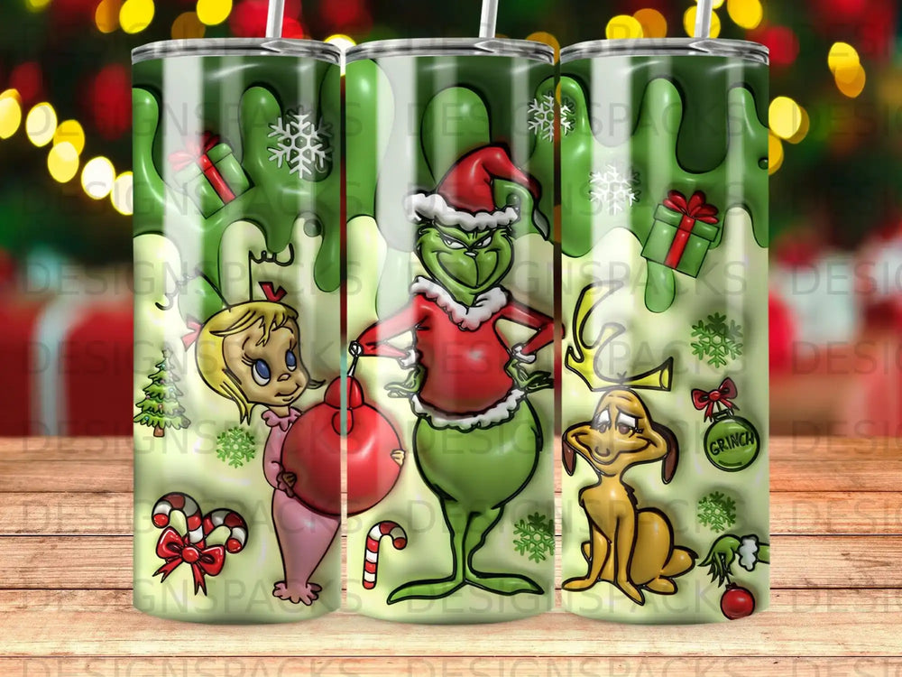 Grinch and Max with Christmas gifts and decorations on a tumbler.