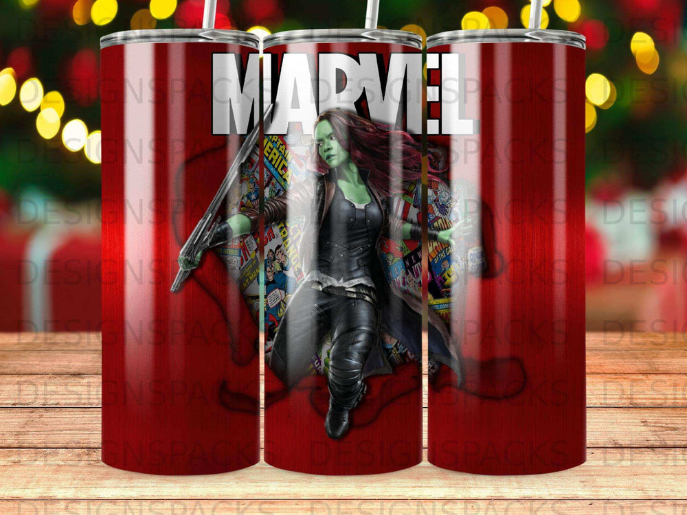 Marvel Comics characters Gamora and Captain America on a red striped tumbler.