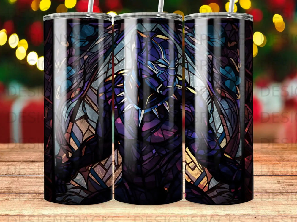Black Panther stained glass tumbler with purple, blue, and black accents.