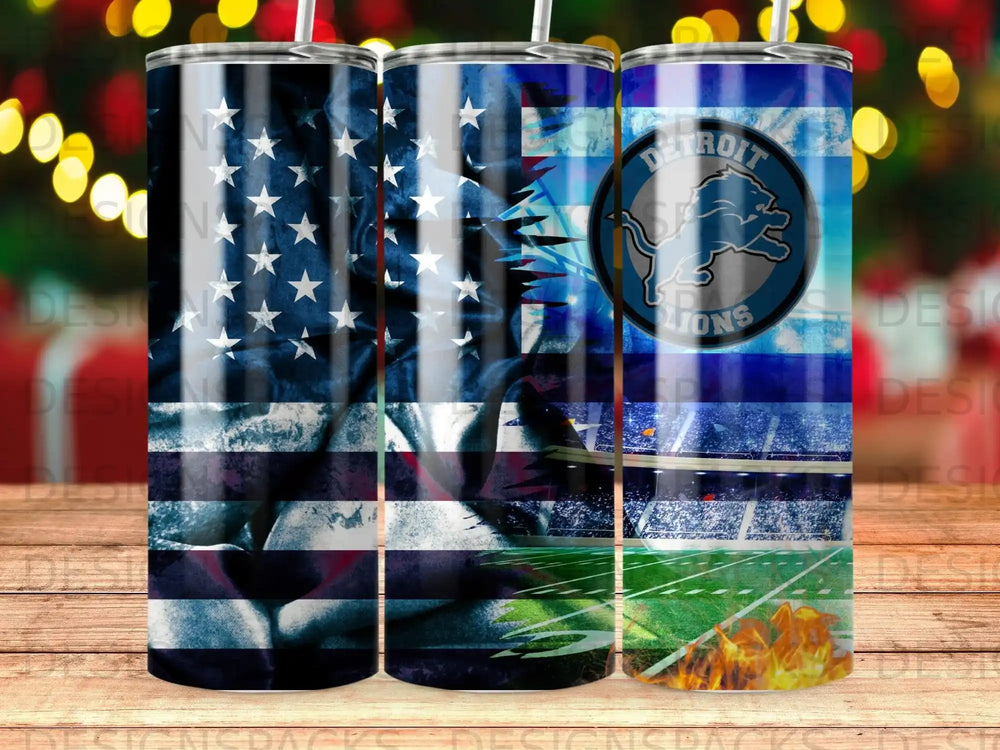 American flag and Detroit Lions logo on a tumbler.