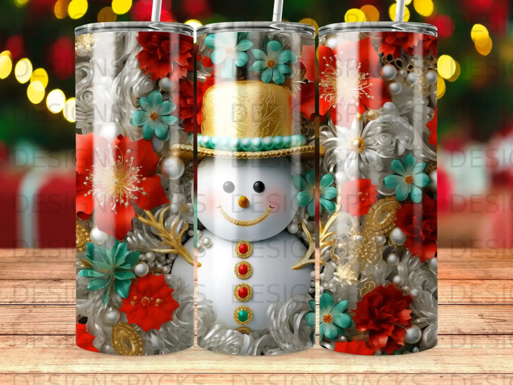 Snowman tumbler with red and teal floral accents, pearls, and gold trim.