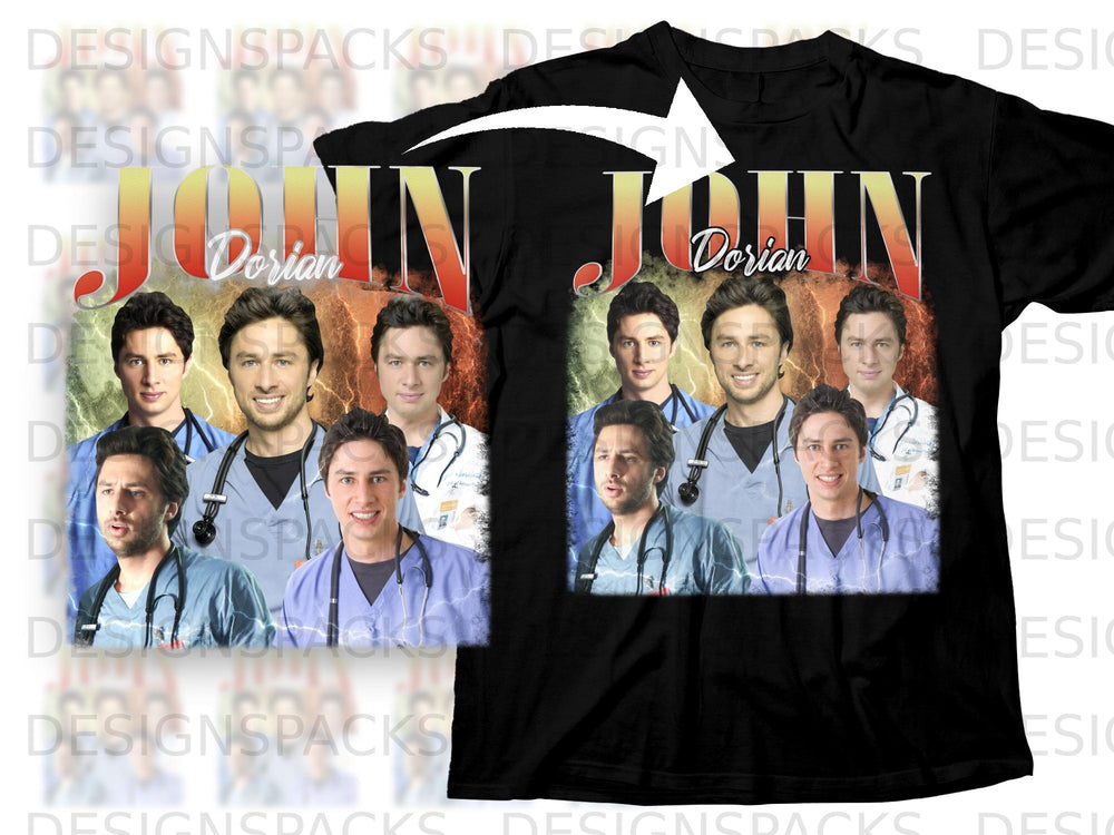 Collage of Scrubs characters and text "JOHN Dorian" on a black t-shirt.