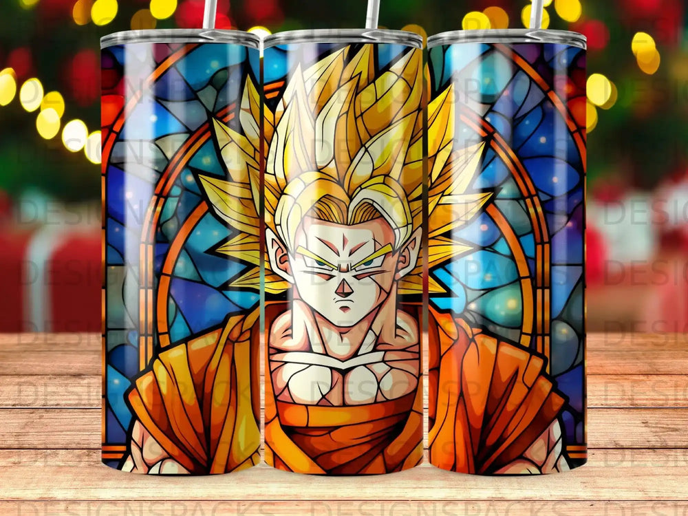 Goku from Dragon Ball Z in stained glass style on a tumbler.