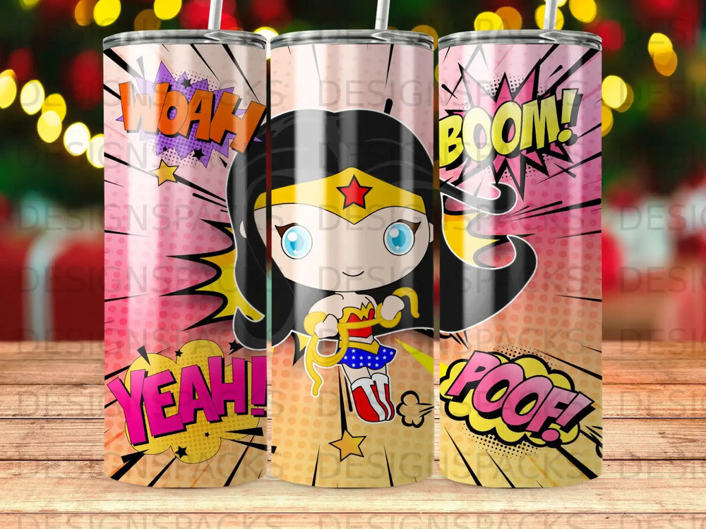 Wonder Woman cartoon tumbler with "Yeah!" and "Boom!" comic book graphics.