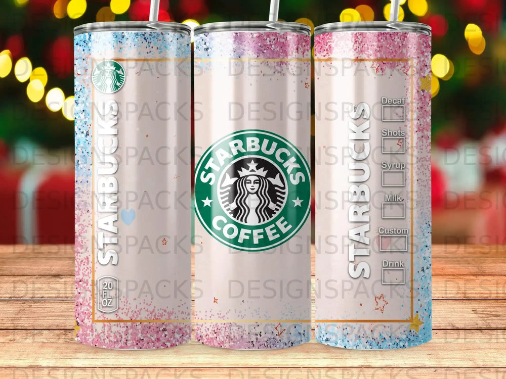 Starbucks tumbler with coffee cup logo and drink customization options.