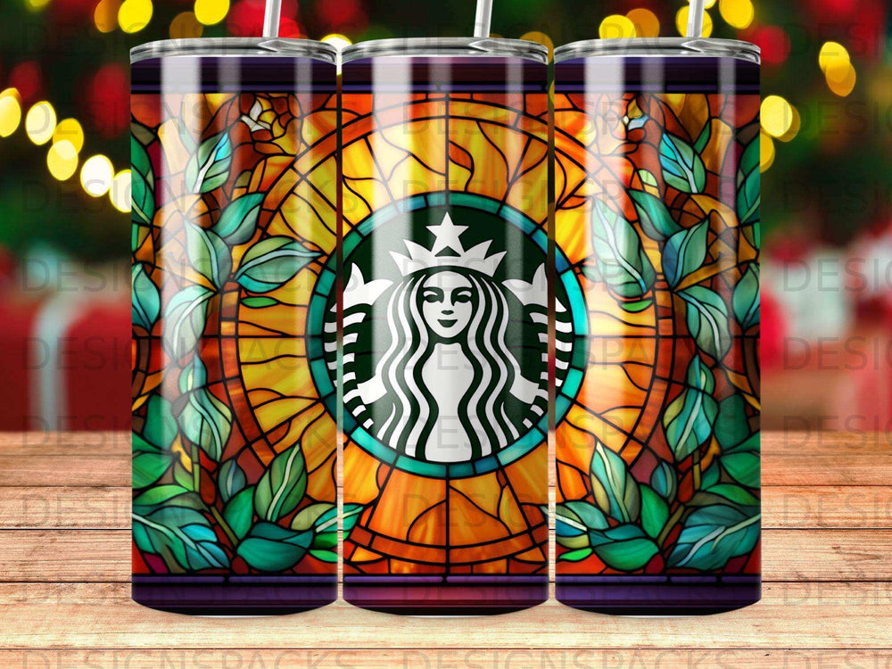 Starbucks logo on a stained glass pattern tumbler.