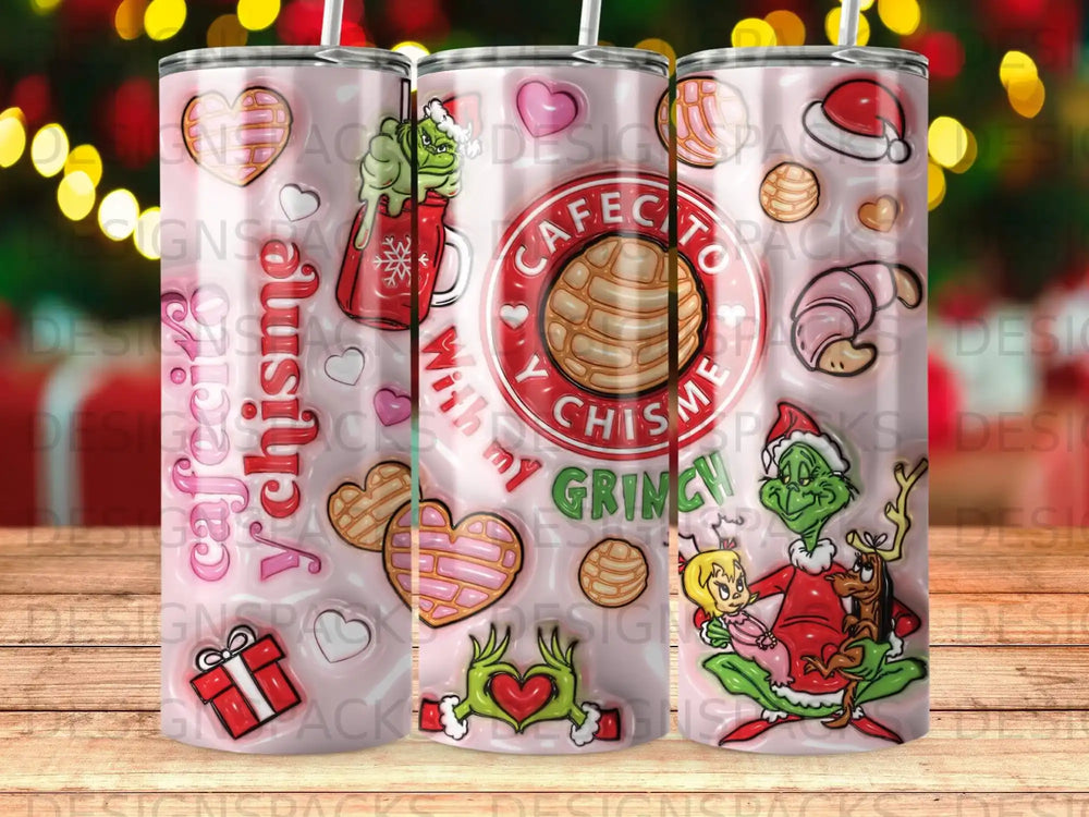 Grinch holding a "Cafe con Chisme" mug with hearts and presents design.