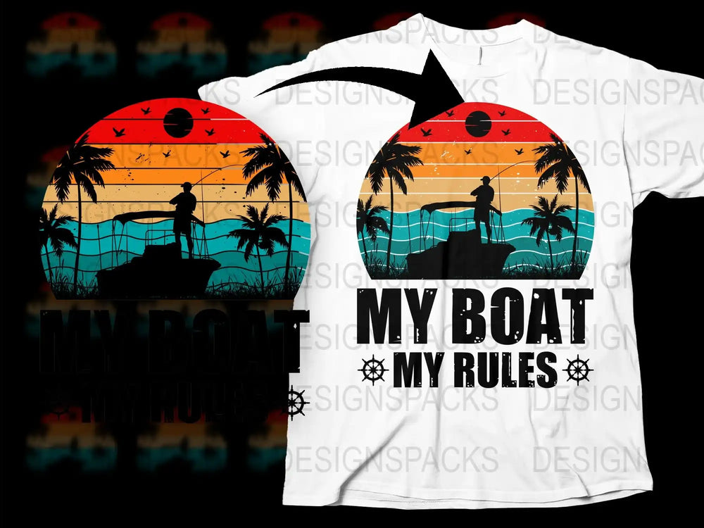 Tropical Sunset Fishing Boat T-Shirt, My Boat My Rules Graphic Tee, Beach Palm Tree Design, Summer Casual Wear