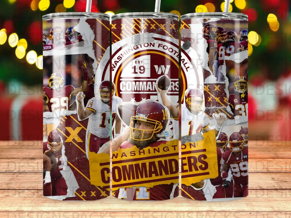 Washington Commanders football team logo and players on a tumbler.