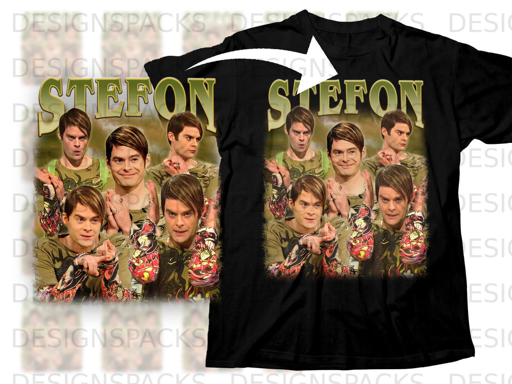 Black t-shirt with "STEFON" text and repeating images of Bill Hader.