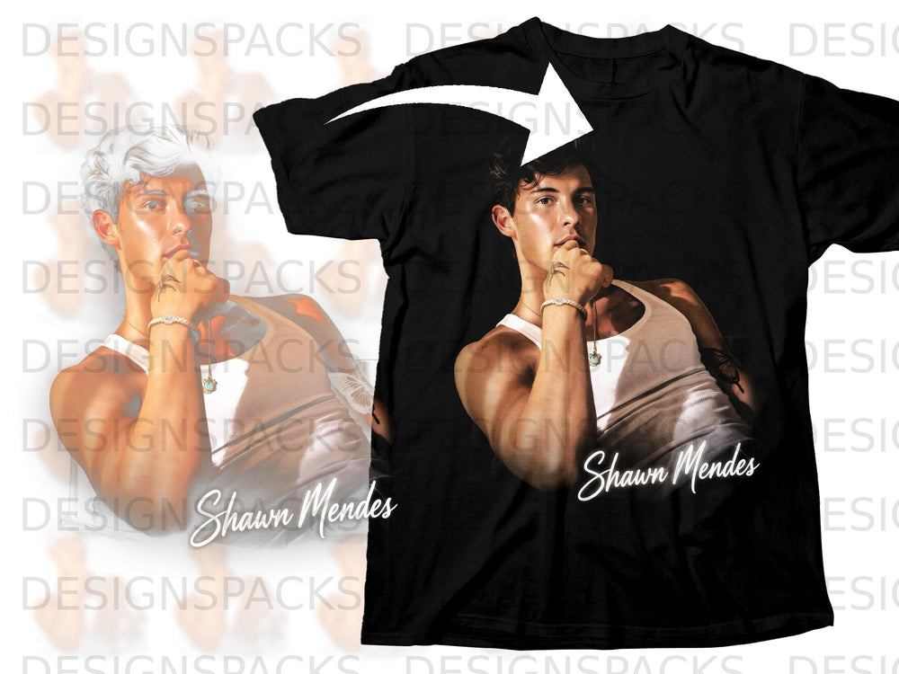 Black t-shirt with Shawn Mendes graphic and name printed on the front.