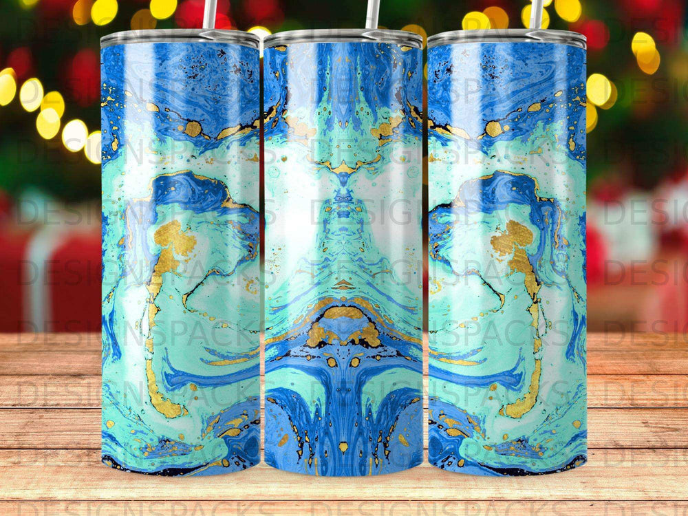 Blue, green, and gold marble pattern on a cylindrical tumbler with a straw.